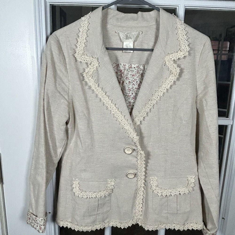 Nick & Mo Crochet Trim Linen Blazer‎ Floral Lining Cottagecore Jacket Large